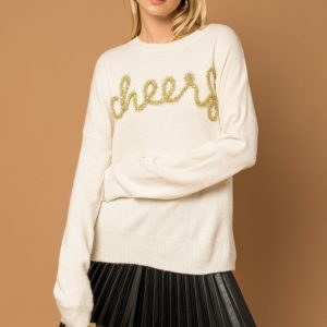 Poppy Cursive Cheer Knit Sweater - White