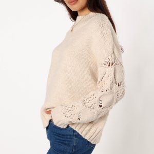 Rebekah Crochet Sleeve Knit Sweater - Cream