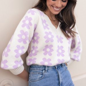 Remi Vneck Flower Knit Sweater - Lilac