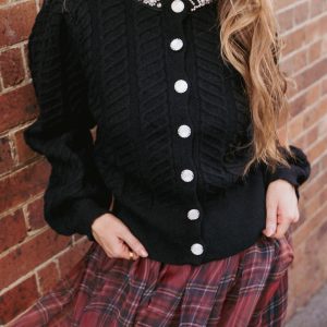 Sheena Rhinestone Collar Holiday Cardigan - Black