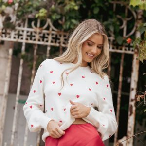 Xadie All Over Mini Heart Sweater - Cream/Red