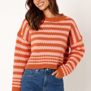 Yasmin Striped Crewneck Knit Sweater - Orange Pink