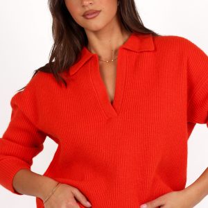 Zala Vneck Collar Knit Sweater - Red