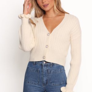 Zana Ribbed Ruffle Cuff Knit Sweater - Cream