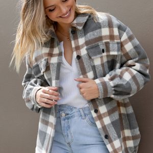Alex Double-Breasted Pocket Shacket - Grey Check