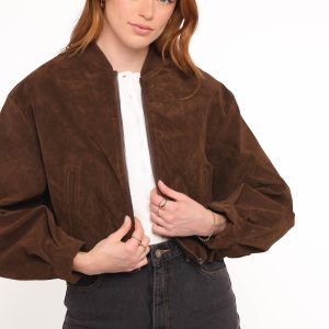 Goldie Faux Suede Bomber Jacket - Brown