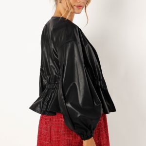 Ivanna Faux Leather Puff Sleeve Jacket - Black