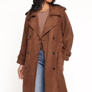 Micha Faux Suede Trench Coat - Brown