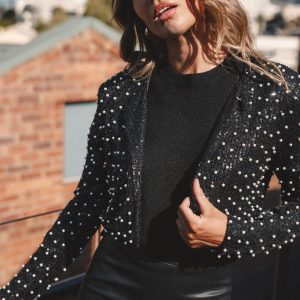 Monica All Over Pearl Crop Jacket - Black