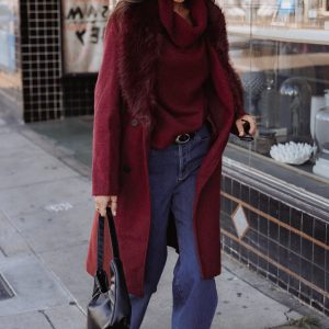 Nina Fur Collar Tie Waist Coat - Burgundy