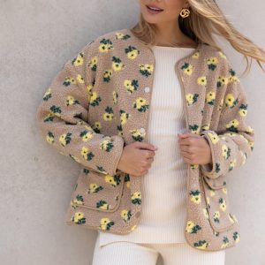 Roux Flower Print Shearling Jacket - Taupe
