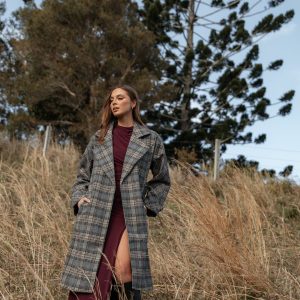 Torie Waist Tie Long Coat - Grey Check