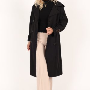 Trina Button Front Trench Coat - Black