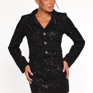 Valentina Cropped Blazer - Black Sequin