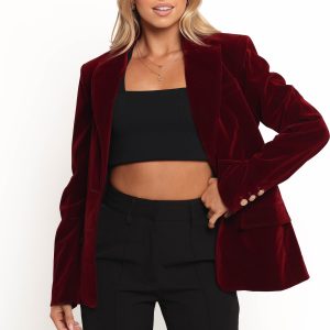 Zpya Single Button Velvet Blazer - Berry