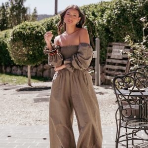 Domenica Shirred Long Sleeve Jumpsuit - Olive