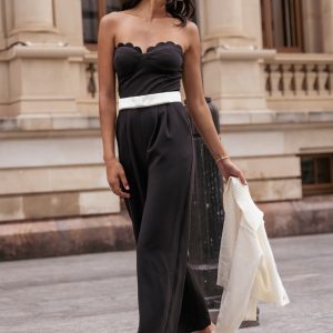 Elaria Scalloped Belted Jumpsuit - Black