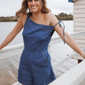 Tatum Off Shoulder Romper - Dark Denim