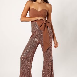 Jacquelin Bow Waist Sequin Jumpsuit - Tan