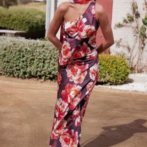 Georgina One Shoulder Skirt Set - Burgundy Peony