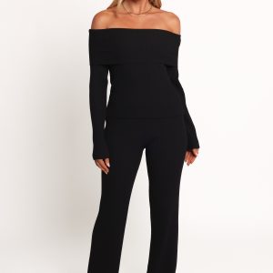 Gindie Ribbed Knit Off The Shoulder Pant Set - Black