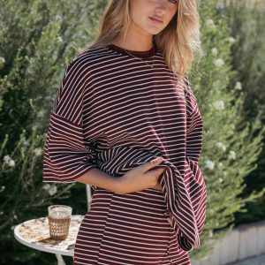 Hellen Stripe Short Set - Burgundy Cream Stripe