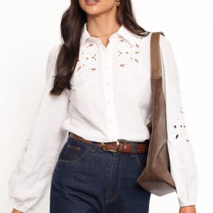 Aeloria Button Front Shirt - White Embroidery
