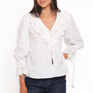 Aelwen Ruffle Blouse - White Embroidery
