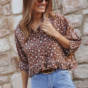 Ashe Cropped Button Up Top - Brown Floral