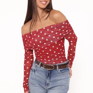 Caelira Off Shoulder Top - Red Polka Dot