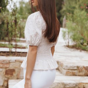Callista Shirred Waist Top - Beige Gingham