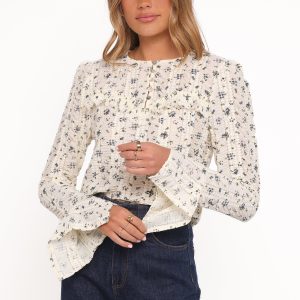 Eira Textured Ruffle Top - Cream Blue Floral