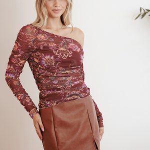 Elfrida Off Shoulder Mesh Top - Brown Floral
