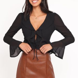 Elora Chiffon Ruffle Front Top - Black