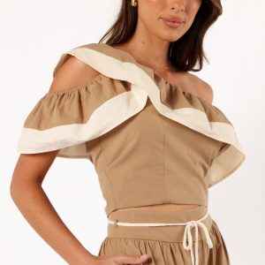 Everly One Shoulder Top - Khaki/Cream
