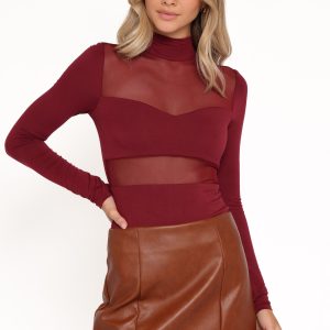 Kingsley Mesh Long Sleeve Bodysuit - Merlot