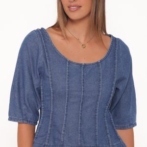 Saylor Denim Peplum Top - Blue Medium Wash