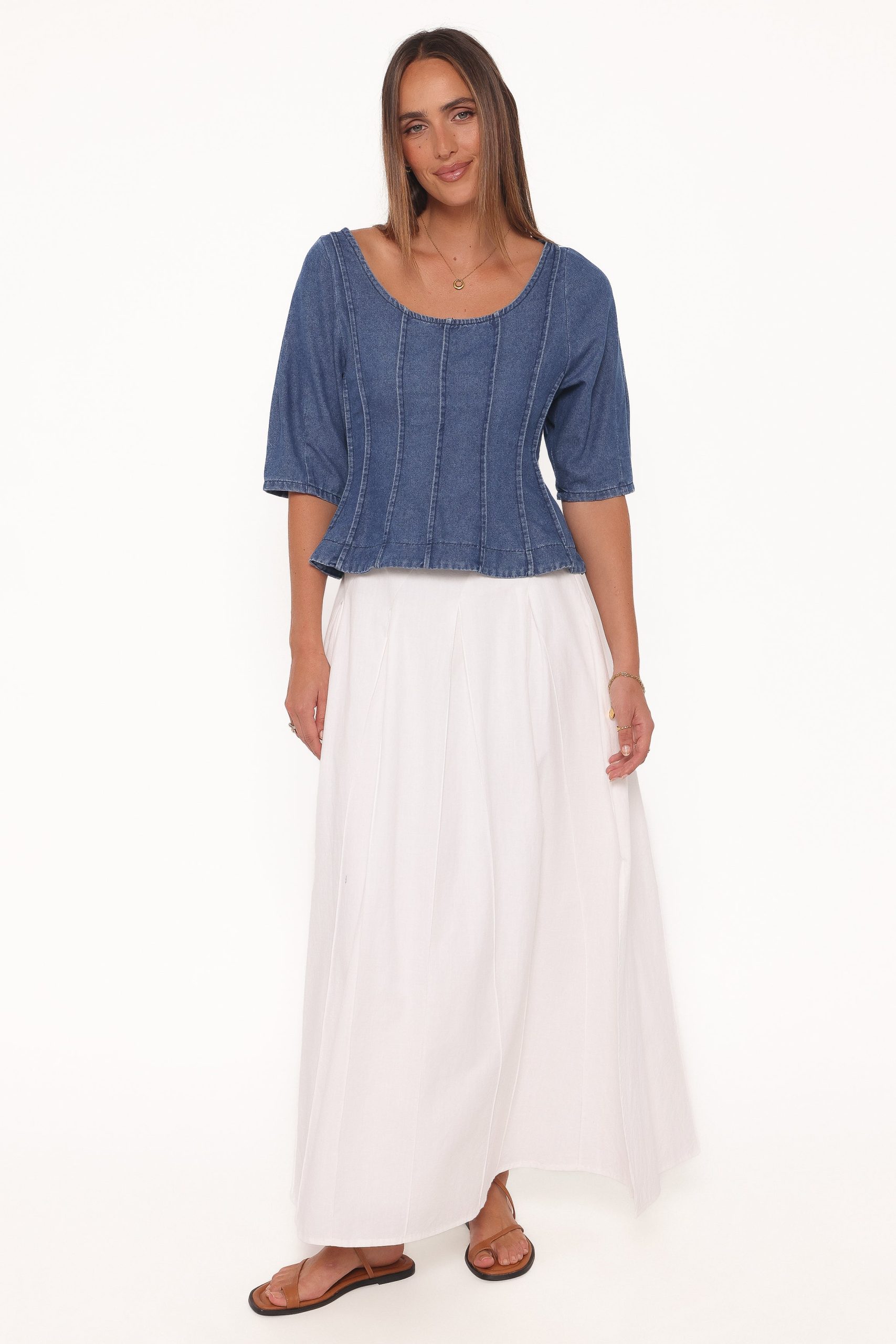 Saylor Denim Peplum Top - Blue Medium Wash - Image 5