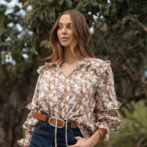 Selmah Long Sleeve Top - Cream Olive Orange