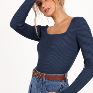 Shani Ribbed Knit Top - Dusty Blue