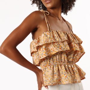 Skyla Ruffle Top - Taupe Multi