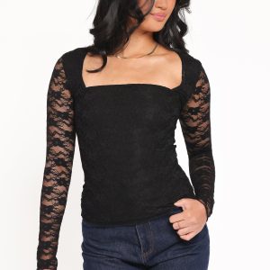 Skyler Square Neck Stretch Lace Top - Black