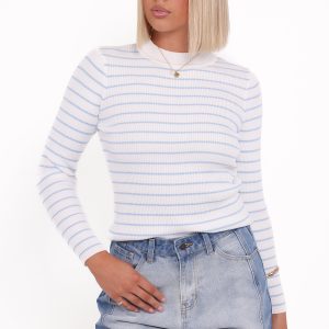 Stacie Ribbed Knit Top - Light Blue Stripe