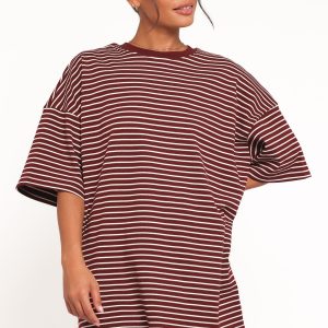 Wilda Oversized Tee - Burgundy Cream Stripe