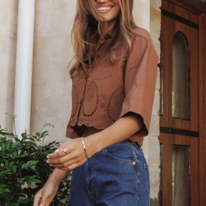 Williams Cropped Eyelet Button Up Shirt - Brown