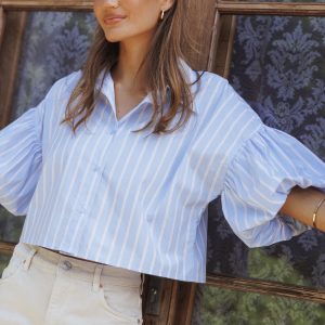 Zella Puff Sleeve Button Up Shirt - Blue White Stripe