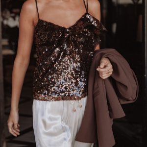 Zinnia Sequins Sleeveless Top - Brown