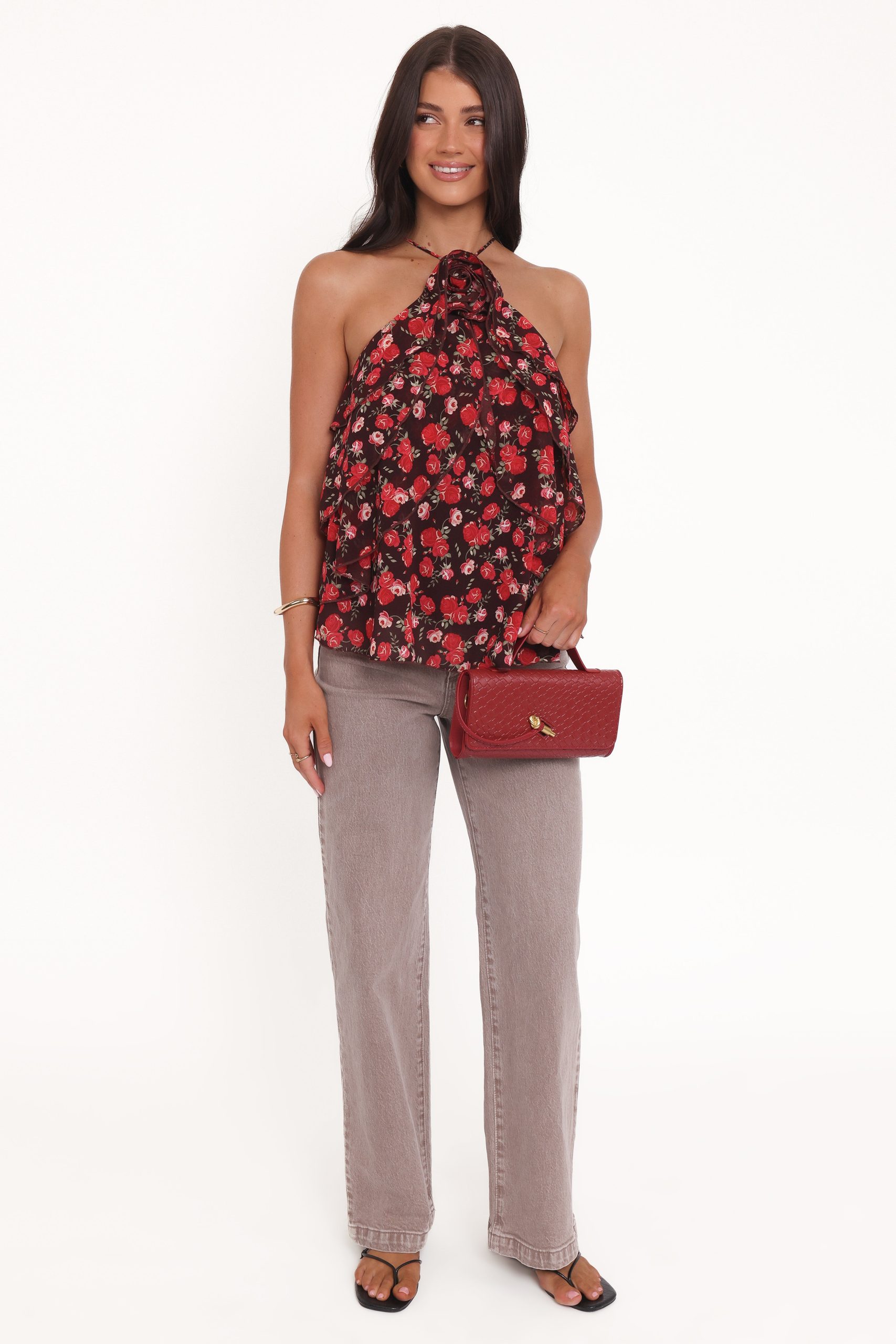 Zorina Halter Neck Chiffon Top - Brown Floral - Image 2