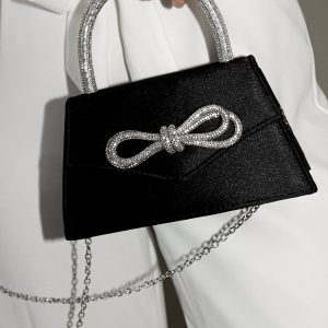 Flicka Rhinestone Bow Bag - Black Satin